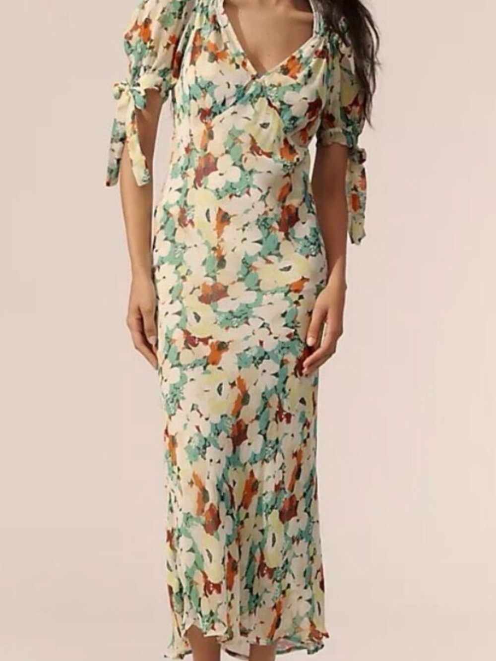 Anthropologie Cream Floral Maxi Dress with Green and Orange Accents